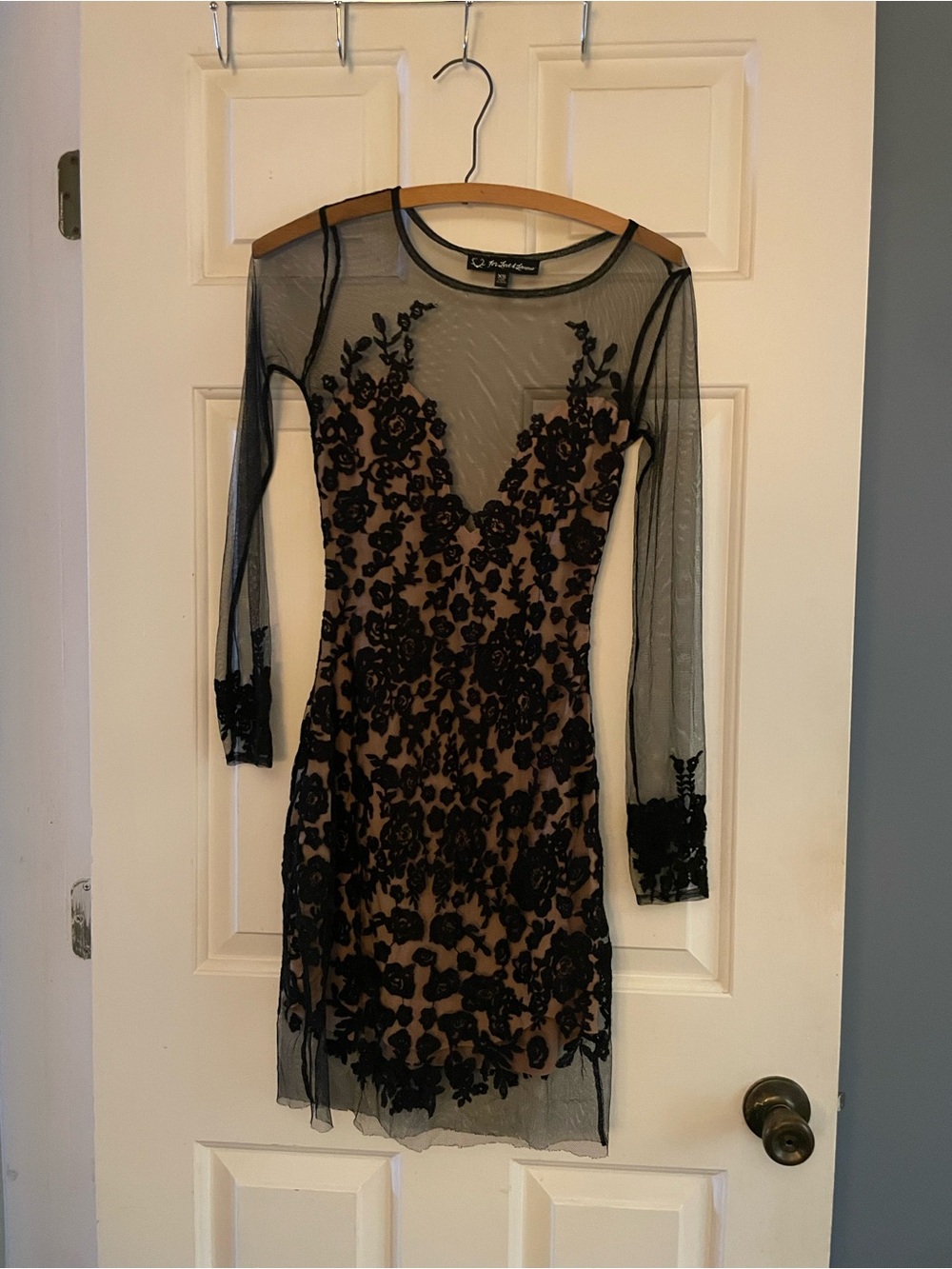For Love & Lemons Black Floral Lace Mini over Nude Slip